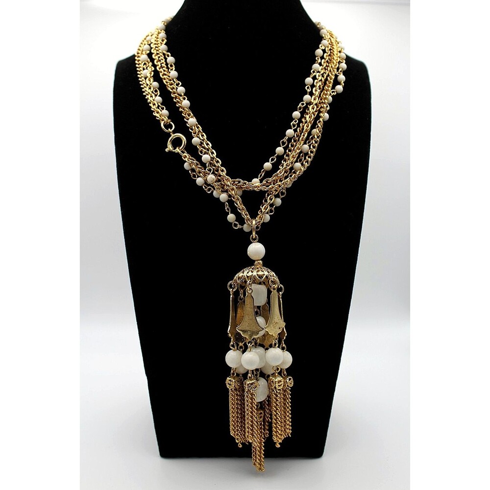 Vintage Napier Gold Tone White Beaded Cage Tassel Strand Statement